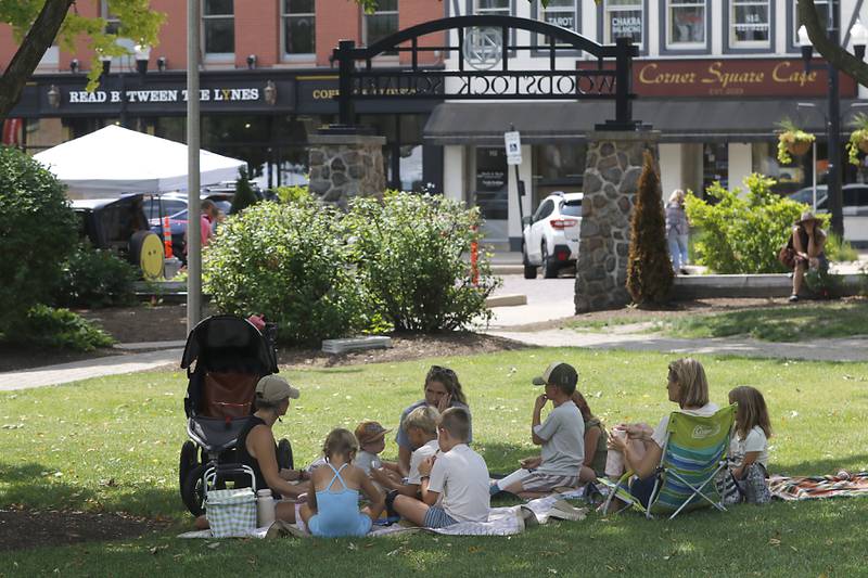 Several families picnic in the shade at the Tuesday Woodstock Farmer's Market on June 24, 2025, around the Historic Woodstock Square.