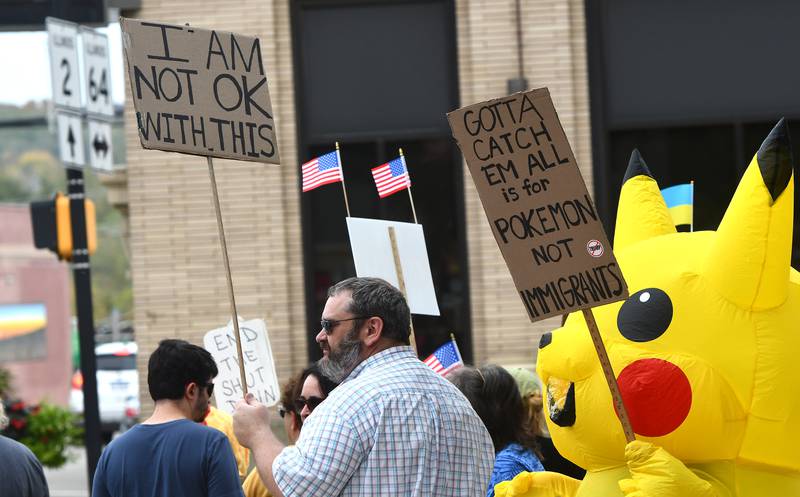 There were a variety of signs carried by demonstrators on Saturday, Oct. 18, 2025 at the No Kings rally on the Ogle County Courthouse square in Oregon, Illinois to protest actions and decisions by President Donald Trump and his administration.