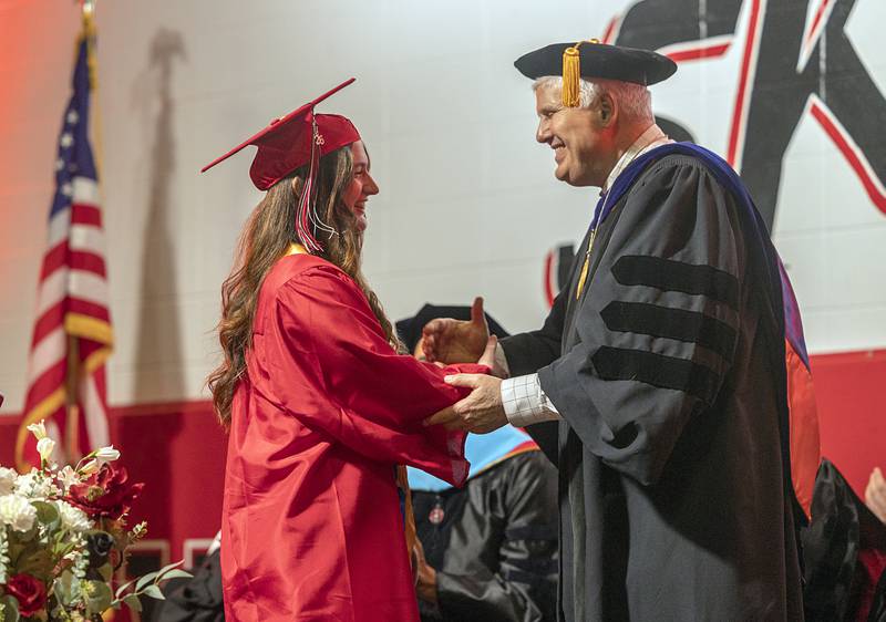 Student speaker Briah Merriman is congratulated by SVCC President Dr. David Hellmich Friday, May 15, 2026, during the school’s commencement ceremony.