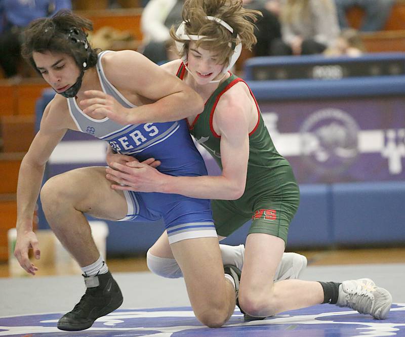 L-P's Griffin Hammers wrestles Princeton's Ace Christiansen in the 132 weight class on Thursday, Jan. 19, 2023 at Princeton High School.