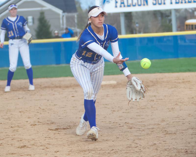 Wheaton North's Abby Del Preto throws to first for the out against St. Charles East on Monday, April 21, 2025 In Wheaton.