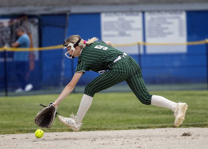 West Carroll’s Brydan Zink goes deep in the hole against Morrison Tuesday, May 19, 2026, at the Class 1A softball regionals at Newman.