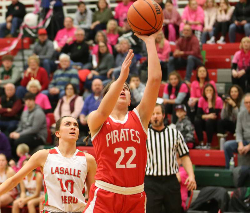 Ottawa's Marlie Orlandi runs in all alone to score a basket as L-P's Bailey Pode backs off on Friday, Jan. 27, 2023 at L-P High School.
