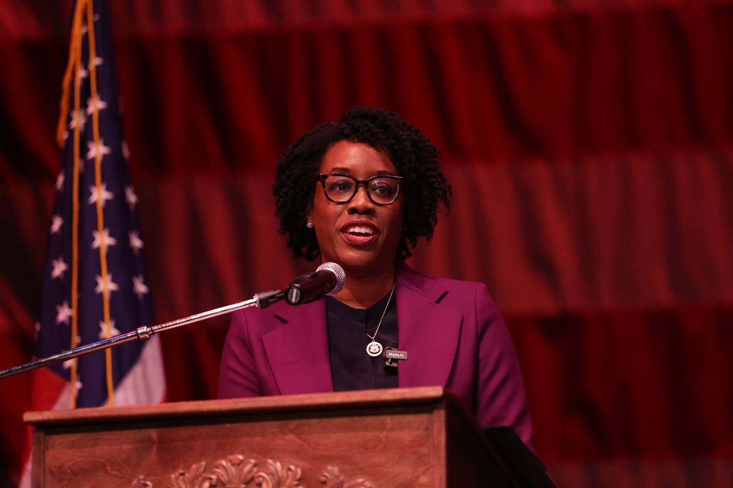 U.S. Rep. Lauren Underwood, D-Ill., makes congratulations during the special naturalization ceremony held at the Rialto Square Theater in downtown Joliet on Tuesday, April 23, 2024.