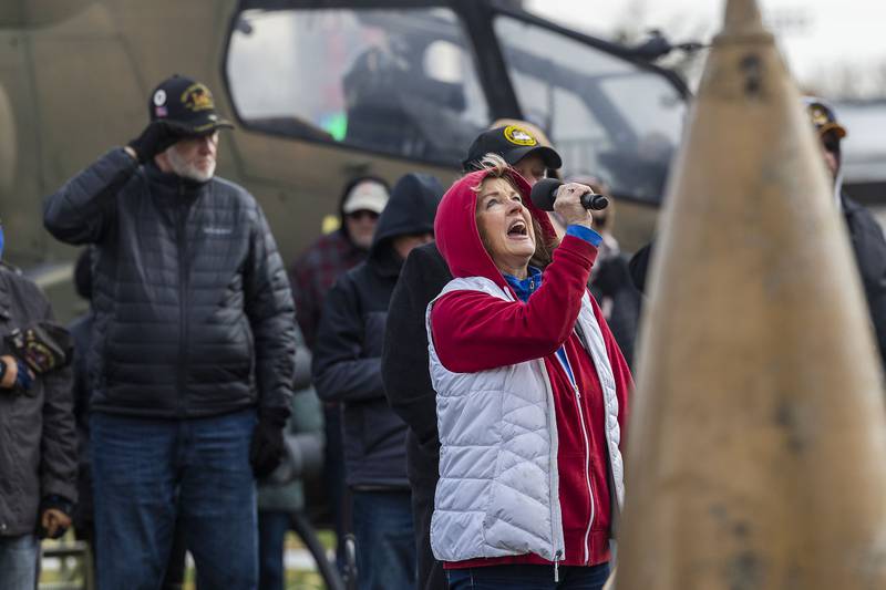 Patty Balayti sings the national anthem Tuesday, Nov. 11, 2025, at the start of a Veterans Day ceremony in Dixon.