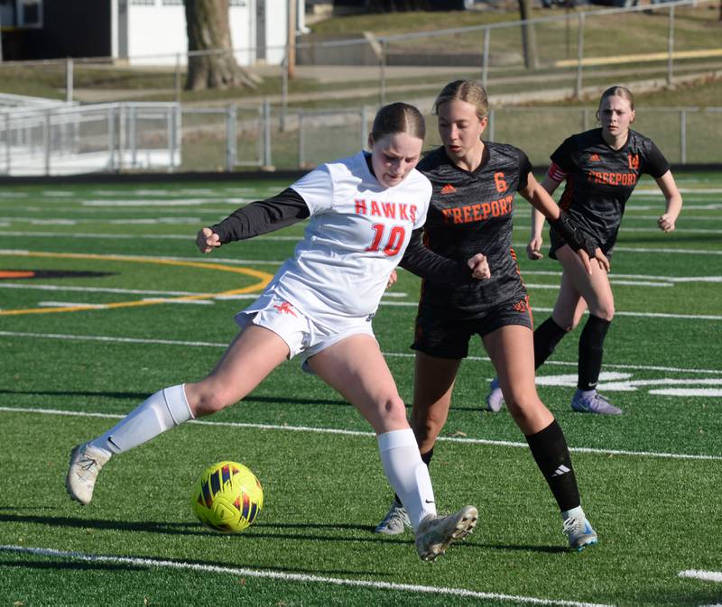 Oregon's Shaylee Davis (10) and Freeport's Finley Williams (6) battle for the ball during a Monday, March 31, 2025 game at Freeport High School.