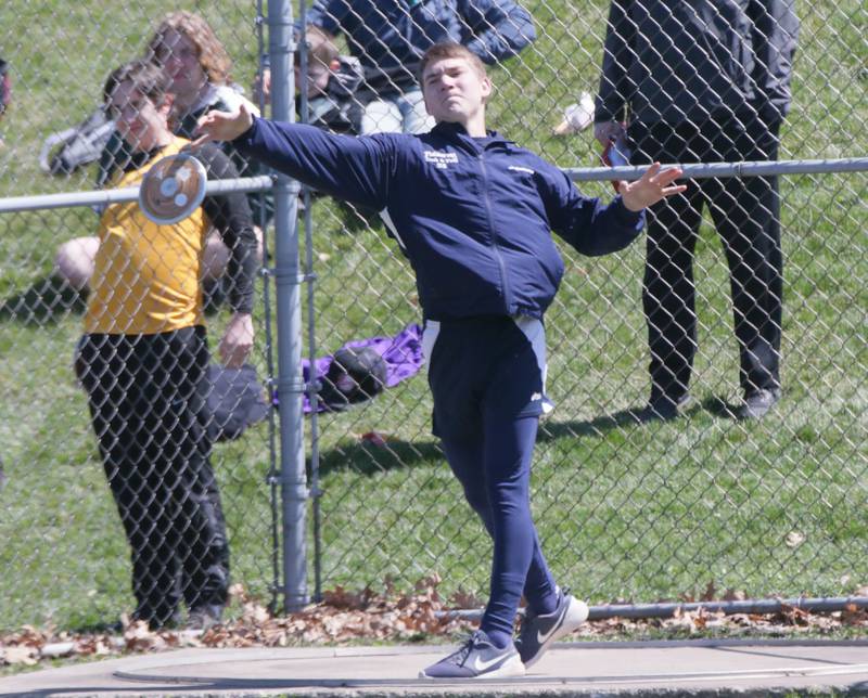 Fieldcrest's Aiden Hurd throws discus during the Rollie Morris Invite on Saturday, April 16, 2022 at Hall High School in Spring Valley.