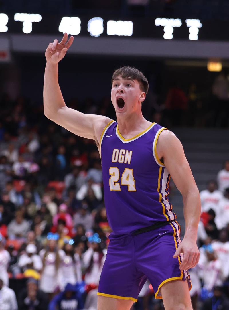 Downers Grove North's George Wolkow (24) reacts to a shot during the boys 4A super-sectional game between Kenwood Academy and Downers Grove North high school in Chicago on Monday, March 6, 2023.