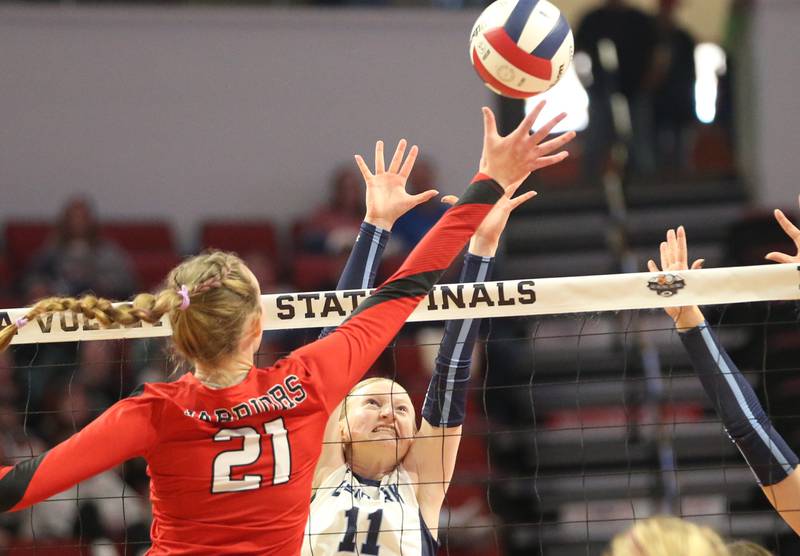 Calhoun's Kate Zipprich sends the ball past Cissna Park's Sophie Duis during the Class 1A State semifinal game on Friday, Nov. 15, 2024 at CEFCU Arena in Normal.
