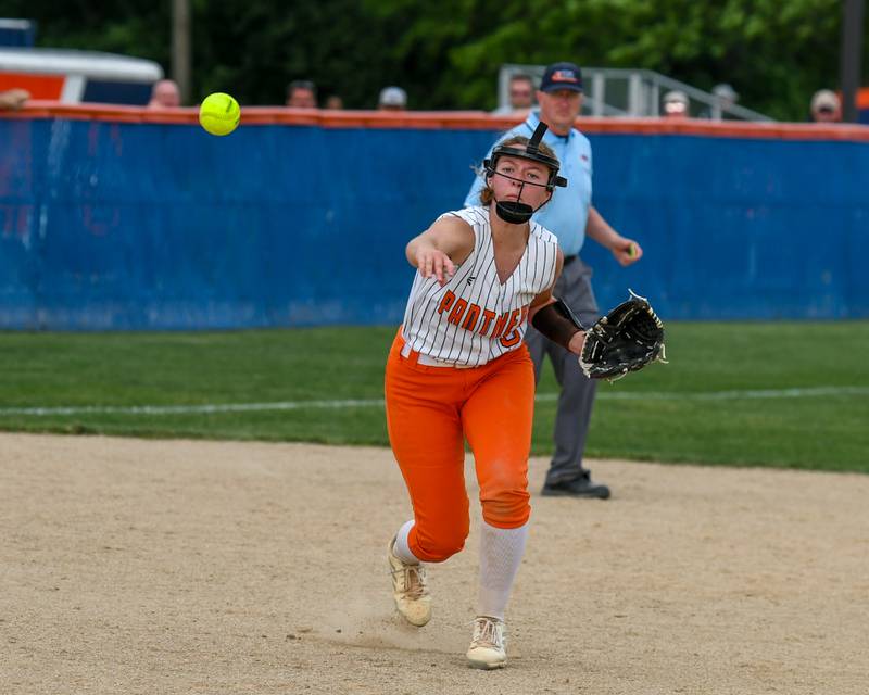 Oswego's Kennedy Gengler (9) throws the ball to first for an out during the sectional semifinals game while taking on Yorkville on Tuesday June 3, 2025, held at Oswego High School.