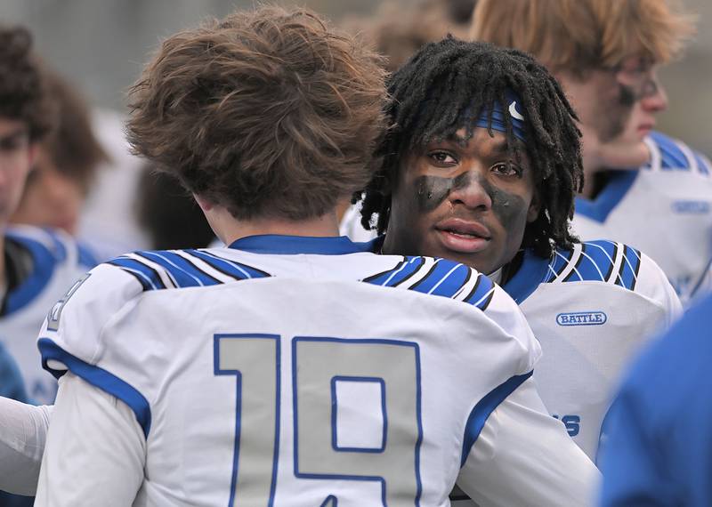 St. Francis’ Ian Willis reacts after the loss to Nazareth in the IHSA Class 5A state semifinal football game in La Grange on Saturday, Nov. 23, 2024.