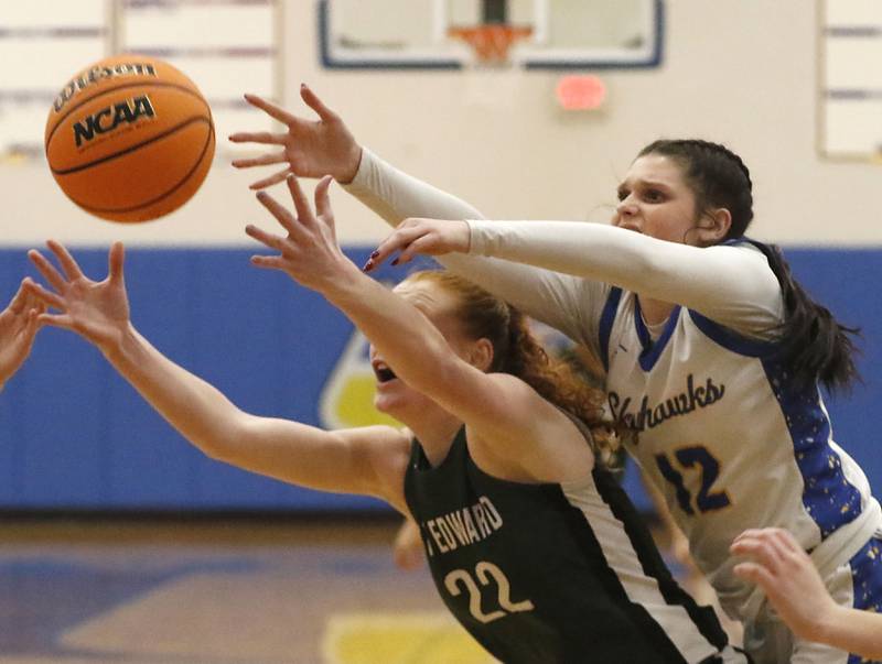 St. Edward's Layne Dawson battles Johnsburg's Addie Graff for a rebound during the IHSA Class 2A Johnsburg Sectional girls basketball championship game on Thursday, February, 26, 2026, at Johnsburg High School.