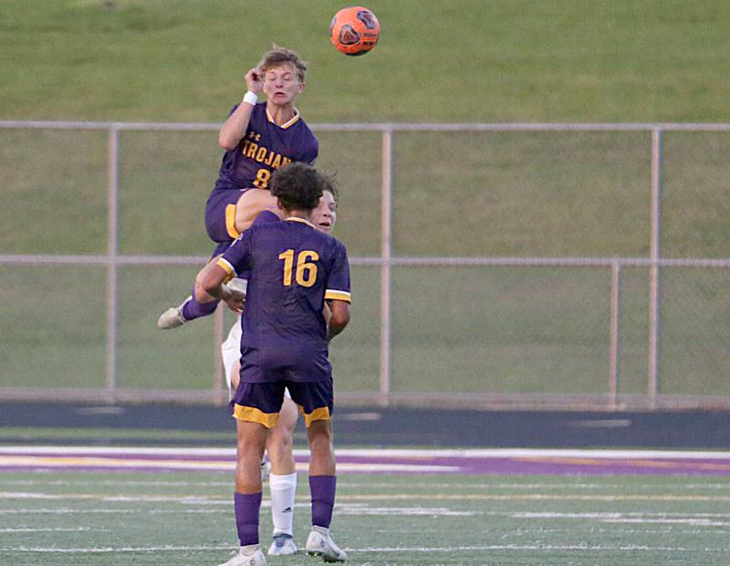 Mendota's Ricky Orozco (9) puts a header on the ball against Bloomington Central Catholic on Wednesday, Sept. 14, 2022 in Mendota.