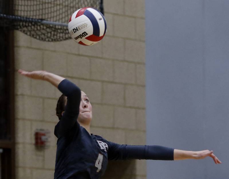 Prairie Ridge's Alli Rogers serves thee ball during the Class 3A Woodstock North Sectional finals volleyball match against Belvidere North on Wednesday, Nov. 1, 2023, at Woodstock North High School.