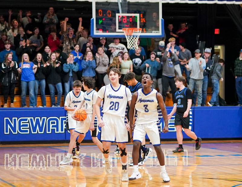 Newark’s Reggie Chapman (3) reacts after defeating Hinckley-Big Rock at the conclusion of a basketball game at Newark High School on Tuesday, January 28, 2025.