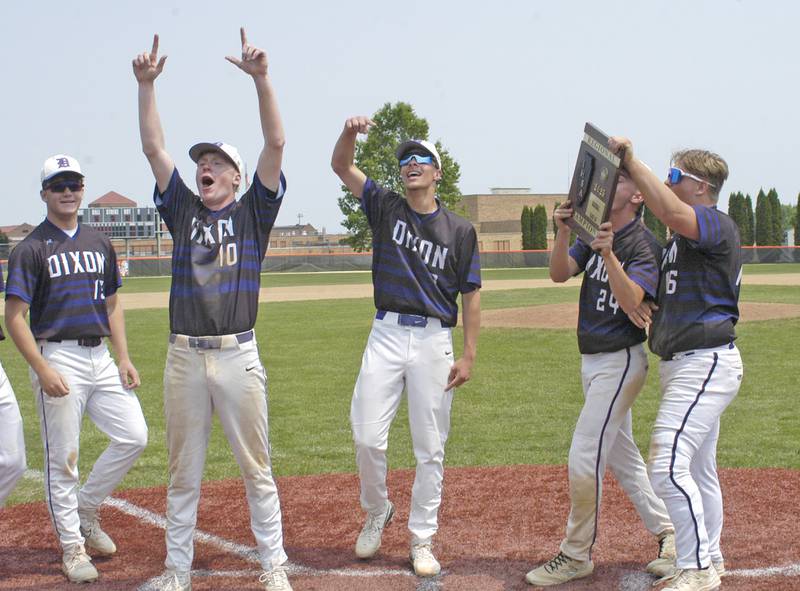 Dixon players celebrate with their regional trophy. Dixon defeated Sterling 10-2 to win the Freeport regional in Freeport on May 31st, 2025.