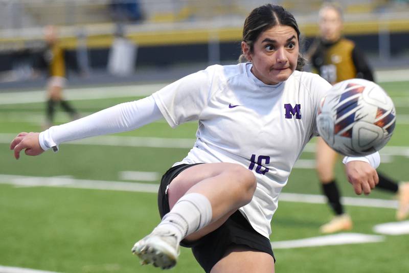 Manteno's Michelle Carrera clears the ball during a game at Herscher Tuesday, May 5, 2026.