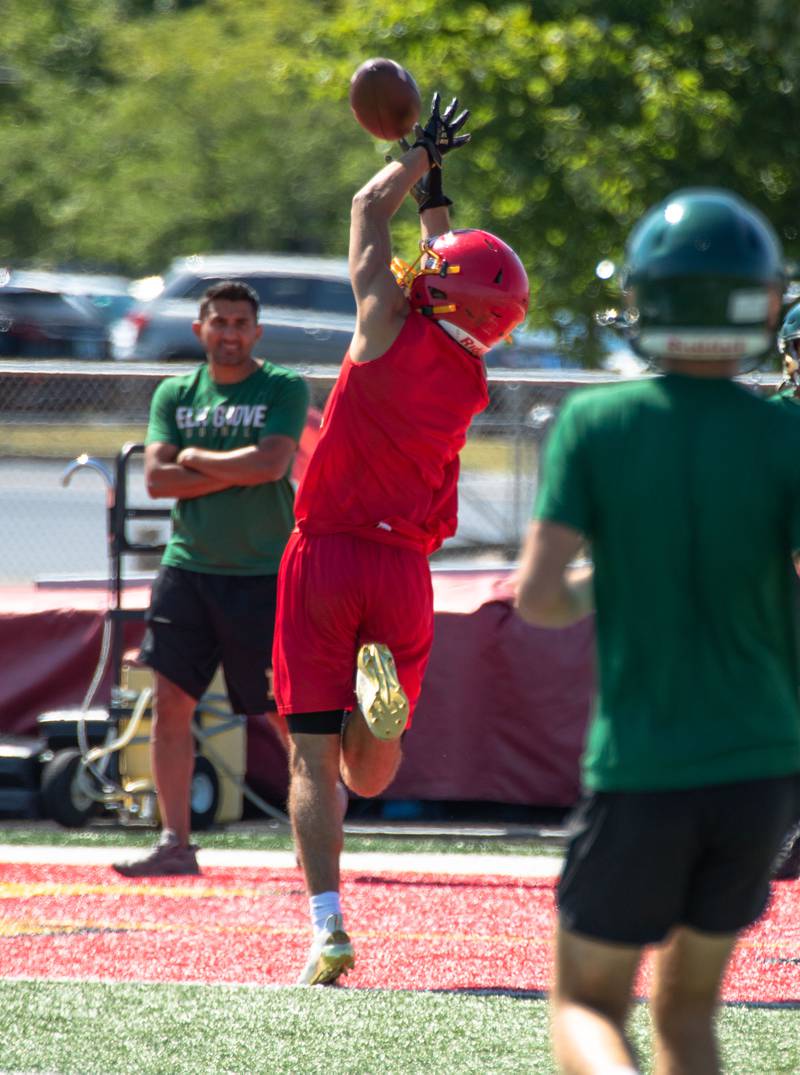 Luke Alwin catches the ball in the endzone at Batavia High School's 7 on 7 tournament on Thursday, July 14, 2022.