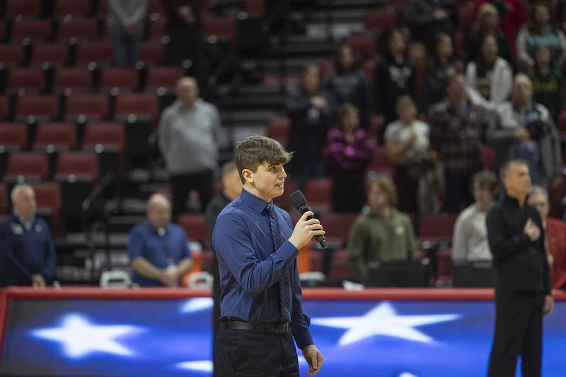 Dixon’s Owen Winters sings the national anthem Friday, March 1, 2024 before the girls basketball 4A state semifinal at CEFCU Arena in Normal.