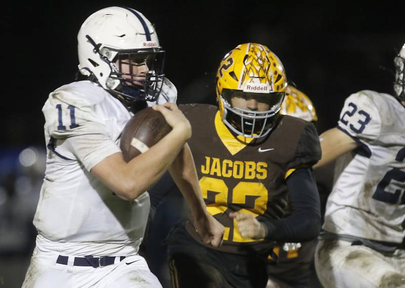 Cary-Grove's Jackson Berndt runs for a touchdown during a Fox Valley Conference football game against Jacobs on Friday, Oct. 24, 2025, at Jacobs High School in Algonquin.