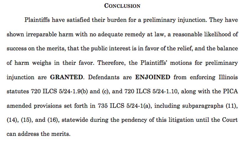 A clip from the judge's order in Harrel v. Raoul granting a preliminary injunction of a state assault weapons ban.