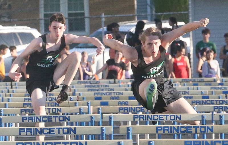 Rock Falls's Braxton Nelson and Rian Bender compete in the 110 meter hurdles during the Ferris Invitational on Monday, April 15, 2024 at Princeton High School.