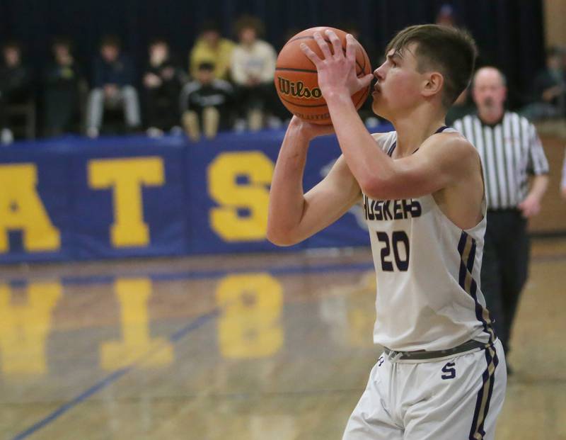 Serena's Beau Raikes shoots a jump shot against Earlville during the Little Ten Conference Championship on Friday, Feb. 2, 2024 at Somonauk High School.