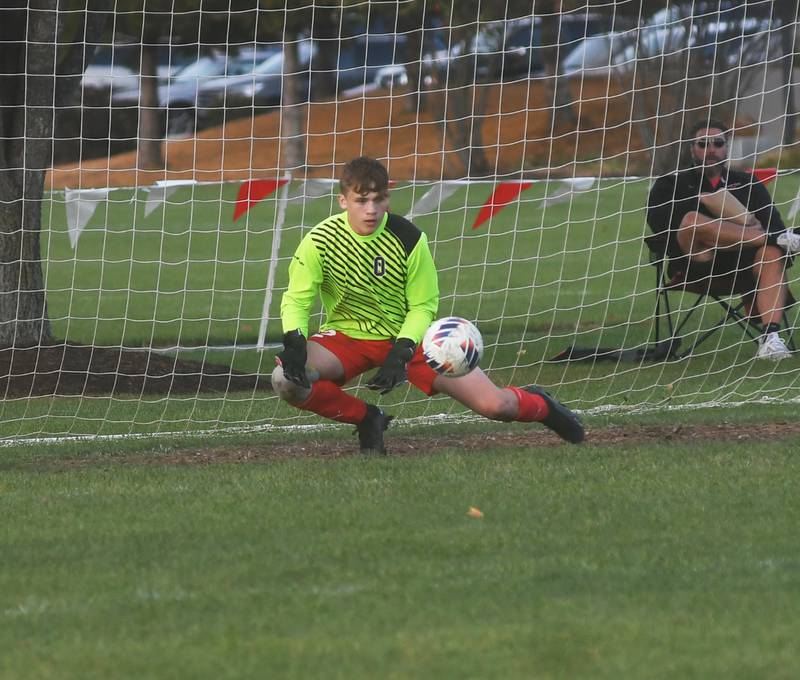 Oregon goalkeeper Gavin Morrow zeroes in on a shot at goal during second period action at the  Class 1A regional action in Oregon on Wednesday. The Hawks won the game on penalty kicks after two overtime periods. They face Genoa-Kingston in the regional final on Friday at 4:15 p.m.