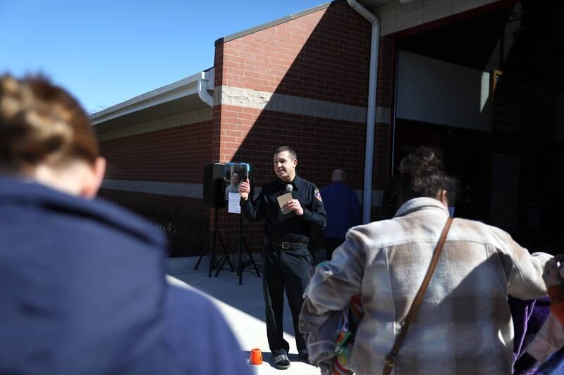 Wheaton Police Officer Chris Dempsey addresses the crowd gathered for the department’s annual polar plunge to benefit Illinois Special Olympics on Saturday, March 22, 2025 at the Wheaton Fire Department. Dempsey was the Wheaton’s Frostbitten Finest team captain.