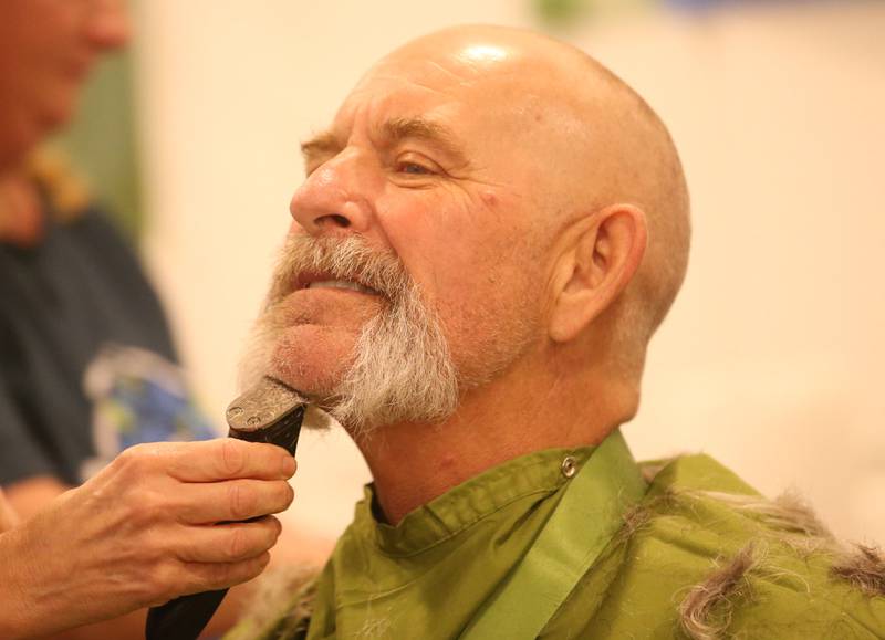 Brad Bruins of Peru, has his beard and head shaved during the 18th annual Illinois Valley Emergency Services St. Baldrick's event on Sunday, March 23, 2025 at Senicas Oak Ridge in La Salle. Bruins, raised over $4,000 for St. Baldrick's and collected the most money.