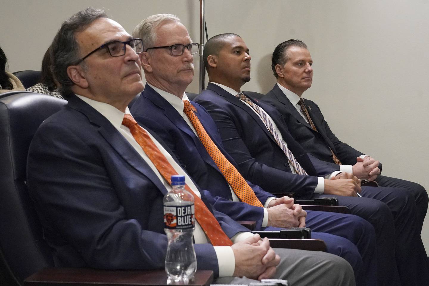 From left, Chicago Bears team President and CEO Ted Phillips, Chairman George H. McCaskey, general manager Ryan Poles and head coach Matt Eberflus listen to new President & CEO Kevin Warren speech during a news conference at Halas Hall in Lake Forest, Ill., Tuesday, Jan. 17, 2023.
