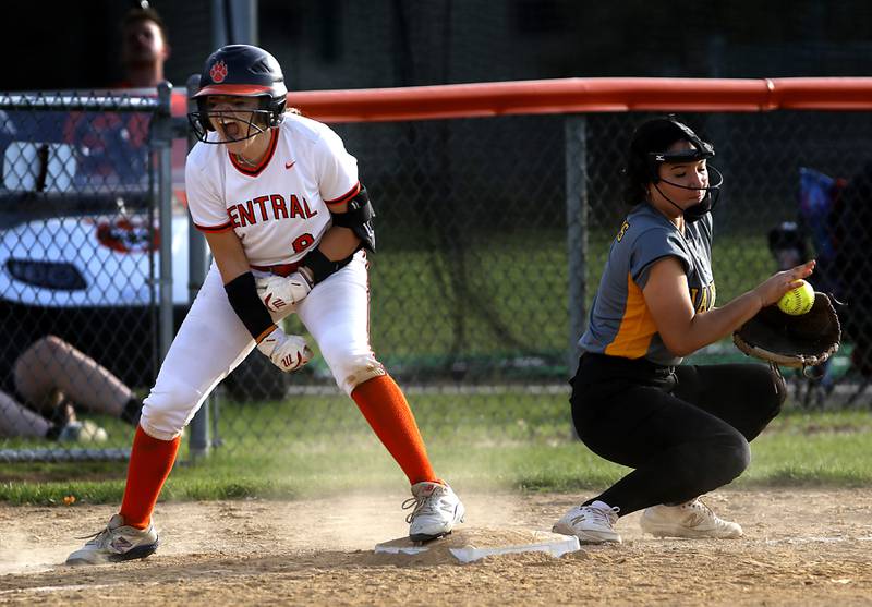 Crystal Lake Central’s Giada Motto celebrates her lead off trip to start the Tigers come from behind win over Harvard during a nonconference softball game Monday, May 15, 2023, at Crystal Lake Central High School.