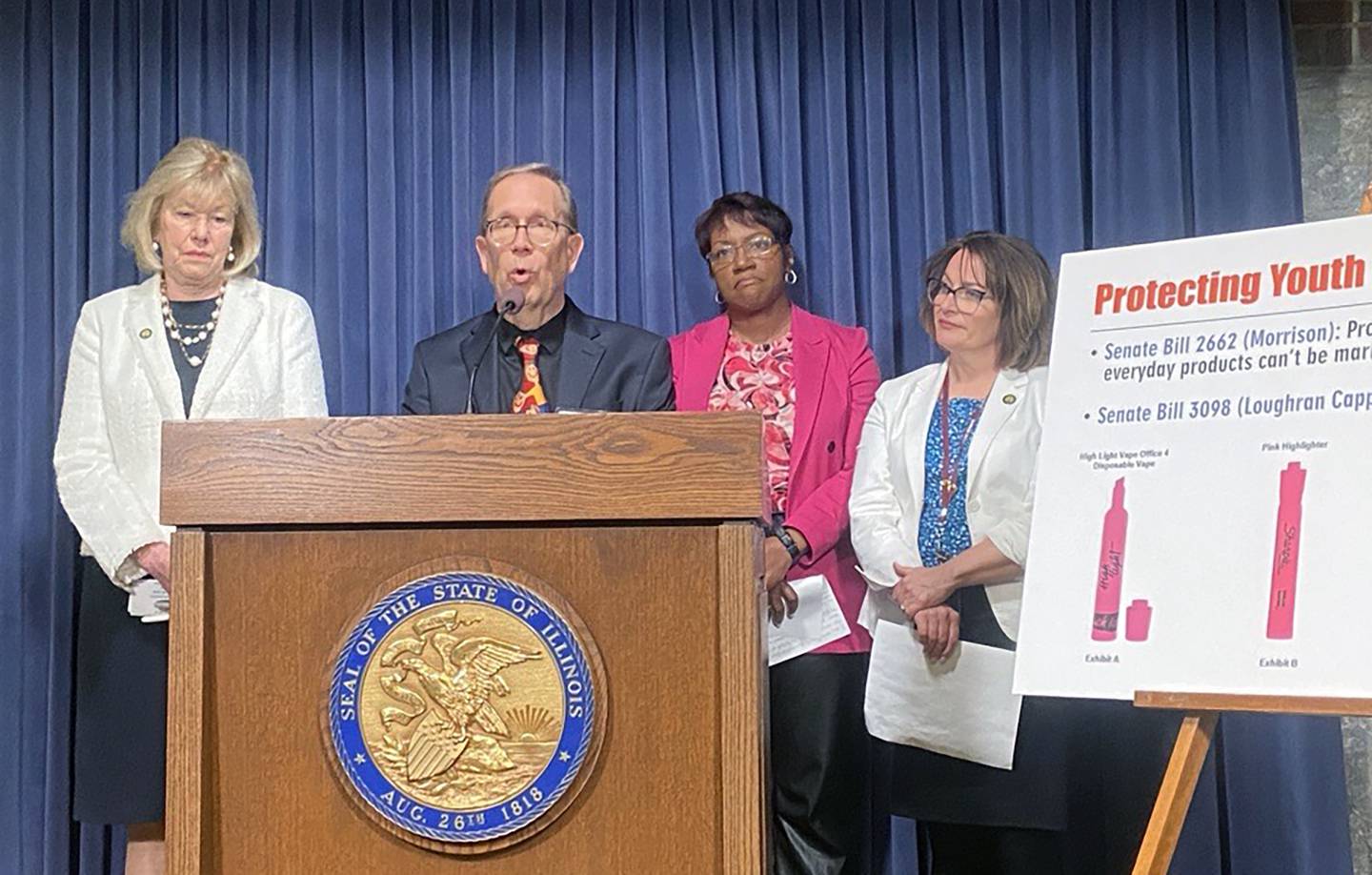 Dennis Trask, a youth prevention coordinator at Comwell, a southern Illinois behavioral and mental health service provider, speaks at a Capitol news conference about teen vaping on Thursday.