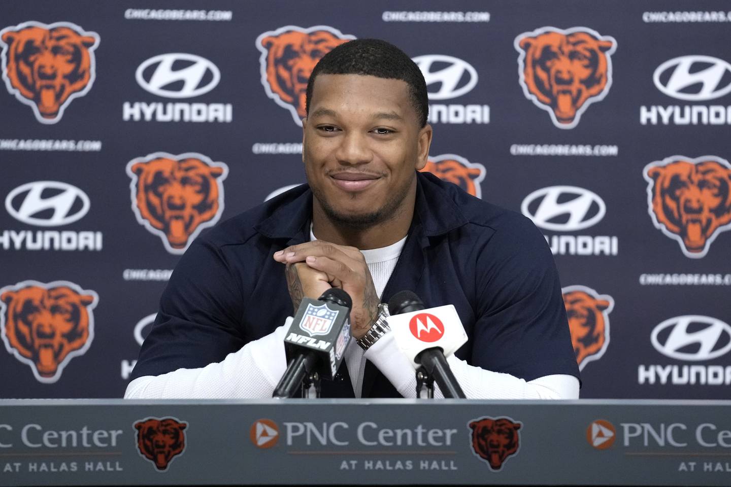 Chicago Bears wide receiver DJ Moore smiles as he listens to a question during a news conference, Thursday, March 16, 2023 at Halas Hall in Lake Forest.
