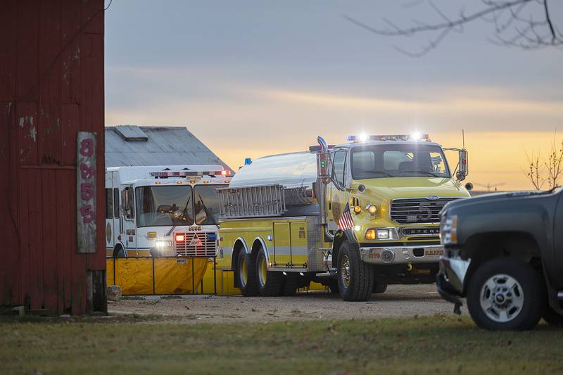 Firefighters work at 8455 Judson Road in rural Polo Monday, Nov. 17, 2025, attending to a shed fire. Departments from Mount Morris, Polo, Dixon and Sterling were seen working at the site.