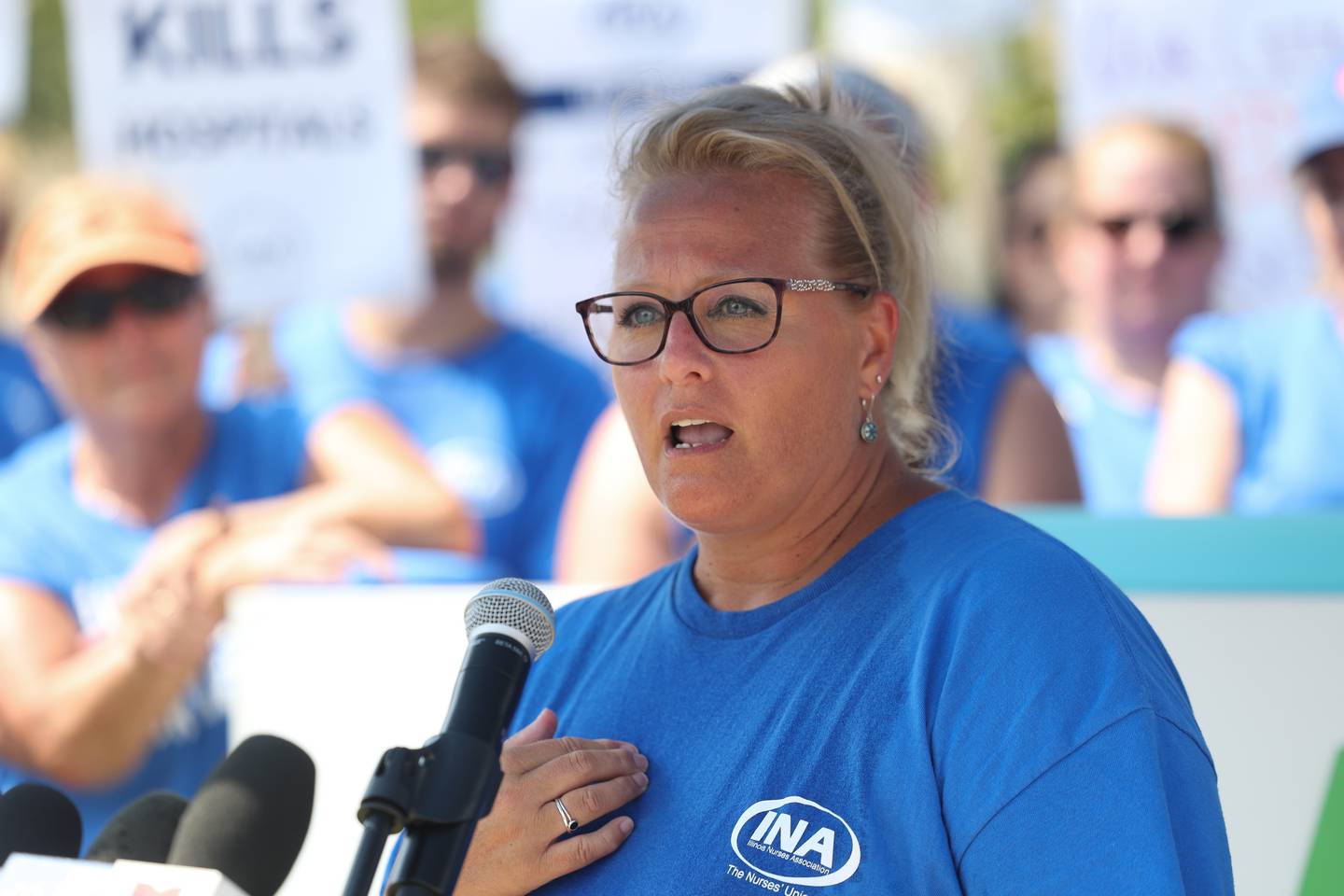 Resident nurse Beth Corsetti speaks at a press conference on the first day of a two day strike, followed by a two day lockout outside Ascension Saint Joseph-Joliet hospital on Tuesday, Aug. 22, 2023.