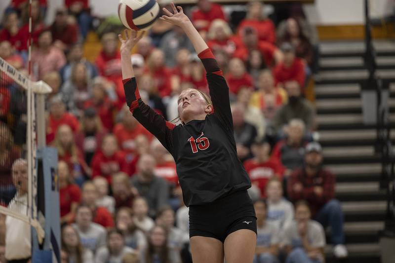 Erie-Prophetstown’s Kaylee Keegan makes a pass against El Paso-Gridley Thursday, Nov. 7, 2024, during the class 2A volleyball sectional championship at Bureau Valley High School.