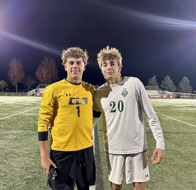 Noah Dunteman (left) recorded six saves and Vince Santarelli (right) scored the deciding goal as Crystal Lake South beat Prairie Ridge 1-0 in the IHSA 2A boys soccer regional semifinals at Wheaton Academy on Wednesday night.