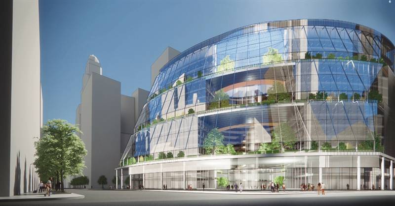 This is an artist's rendering of a renovated John R. Thompson Center at 100 W. Randolph St. in Chicago. JRTC Holdings has been identified as a potential buyer of the state-owned building. The closing date will be in the summer of 2022 followed by two years of renovations