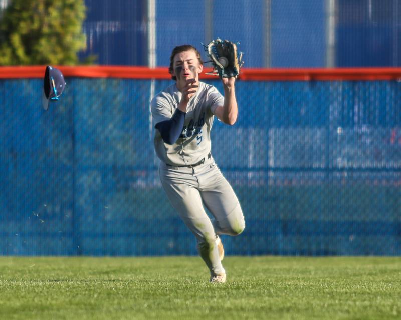 Plainfield South's Matthew Rogers (5) makes a catch in centefield during baseball game between Plainfield South at Oswego on Monday, April 14, 2025 in Oswego.