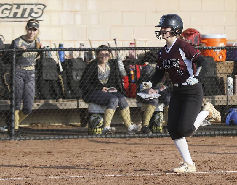 Prairie Ridge’s Adysen Kiddy runs around the bases after hitting a home run during a nonconference softball game against Grayslake Thursday. March 23, 2023, at Grayslake North High School.