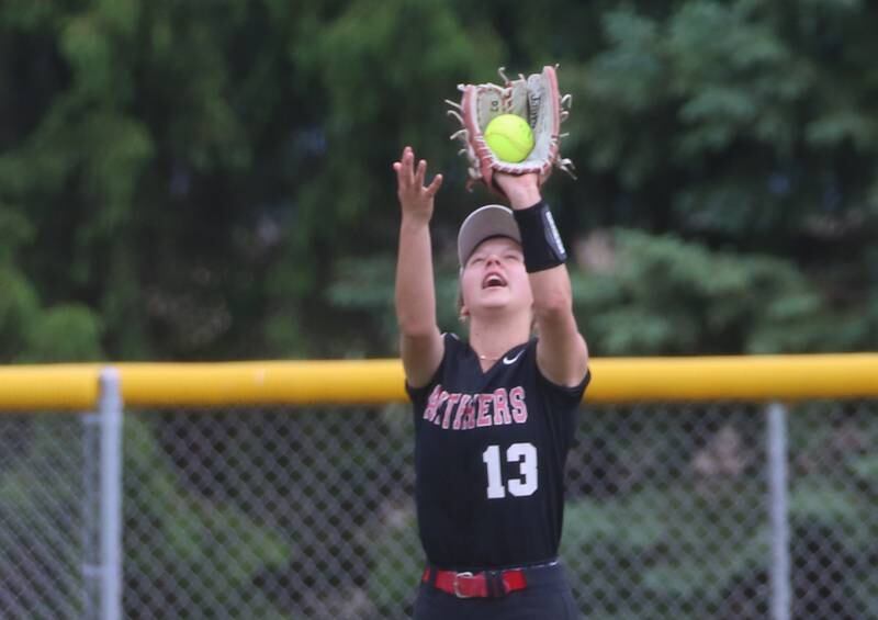 Erie-Prophetstown's Paezleigh Hudgin makes a catch against Bureau Valley during the Class 1A Regional game on Monday, May 13, 2024 at Bureau Valley High School.