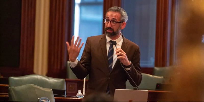 State Rep. Will Guzzardi, D-Chicago, discusses his bill to make changes to transparency requirements at the Illinois Prisoner Review Board on the floor of the Illinois House on Tuesday, May 20.