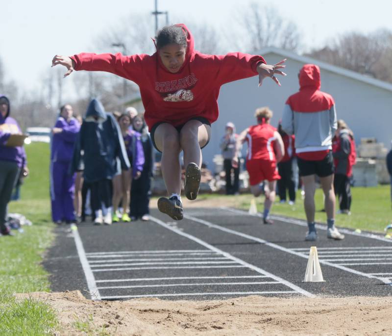 Streator's Cherish Frederick-Jordan does the long jump during the Rollie Morris Invite on Saturday, April 16, 2022 at Hall High School in Spring Valley.