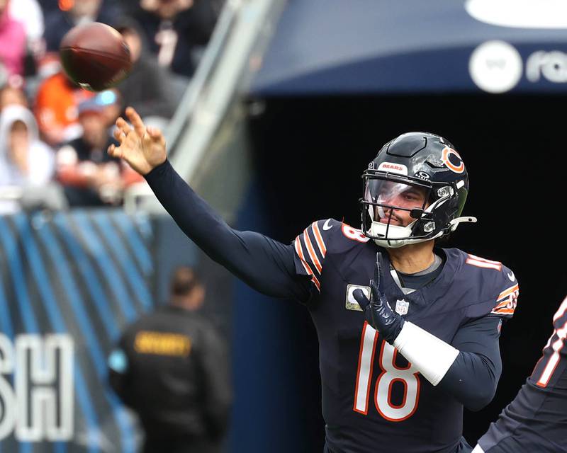 Chicago Bears quarterback Caleb Williams throws a pass against the Patriots during their game Sunday, Nov. 10, 2024, at Soldier Field in Chicago.