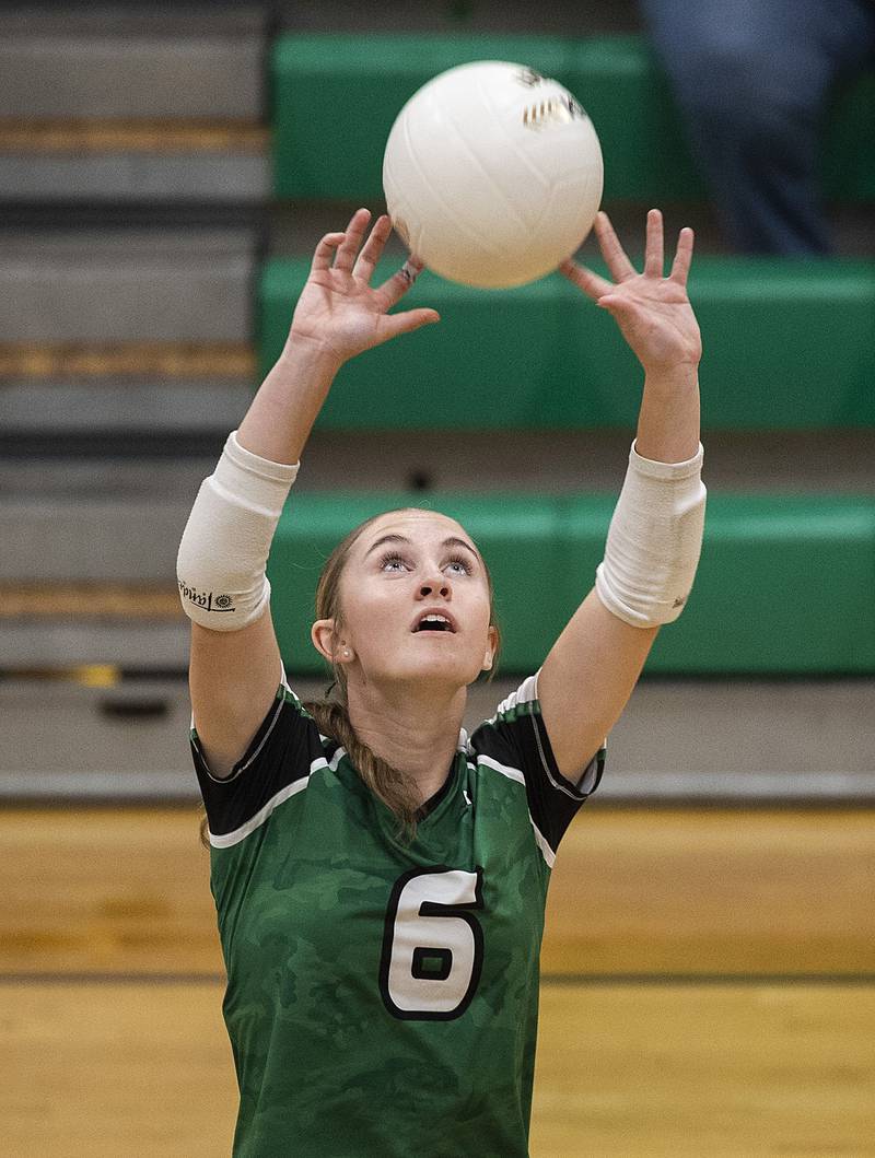 Rock Falls’ Miley Bickett sets the ball against Erie-Prophetstown Thursday, Sept. 11, 2025.