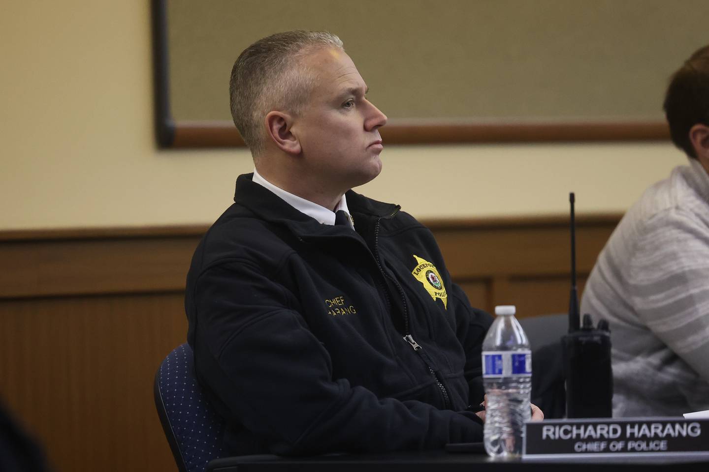 Lockport Chief of Police Richard Harang listens to a speaker at the Lockport City Council meeting on Wednesday, Feb. 7th 2024 in Lockport.