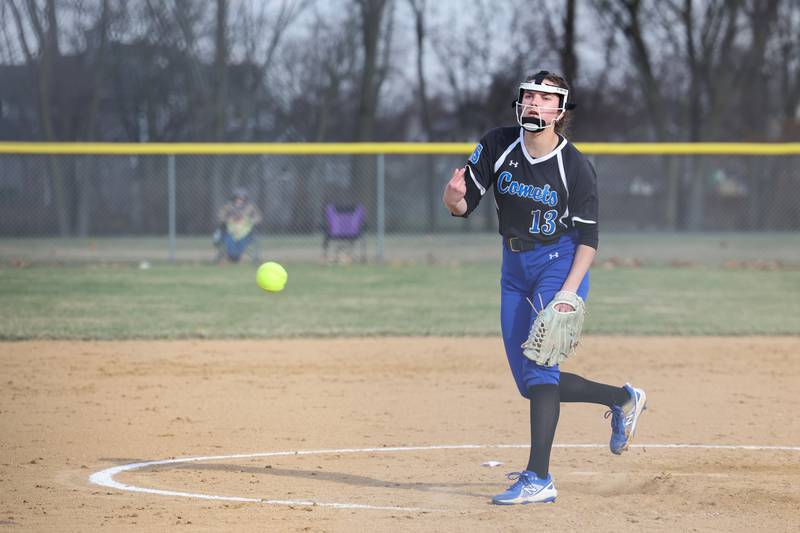 Central pitcher Sydney Jemar releases the ball during the Comets' 22-5 loss to Wilmington on Wednesday, March 26, 2025.