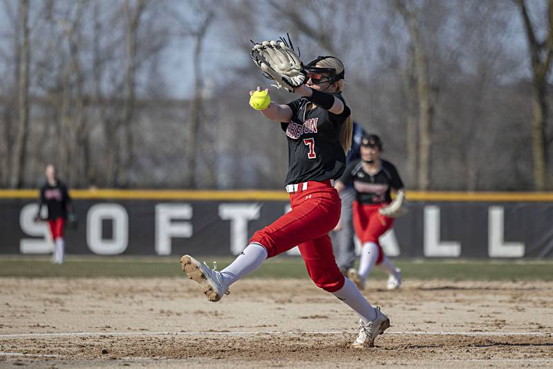 Forreston’s Isabella Thiel fires a pitch against Rock Falls Thursday, March 28, 2024 at Rock Falls High School.