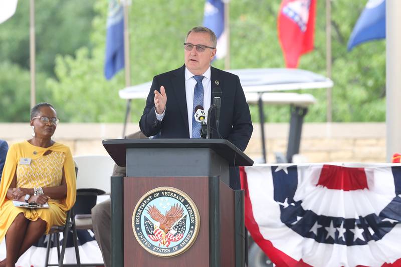 Matthew Quinn, Under Secretary of Memorial Affairs, speaks at the National Cemetery Administration 50th Anniversary ceremony at the Abraham Lincoln National Cemetery in Elwood on Saturday, July 29.